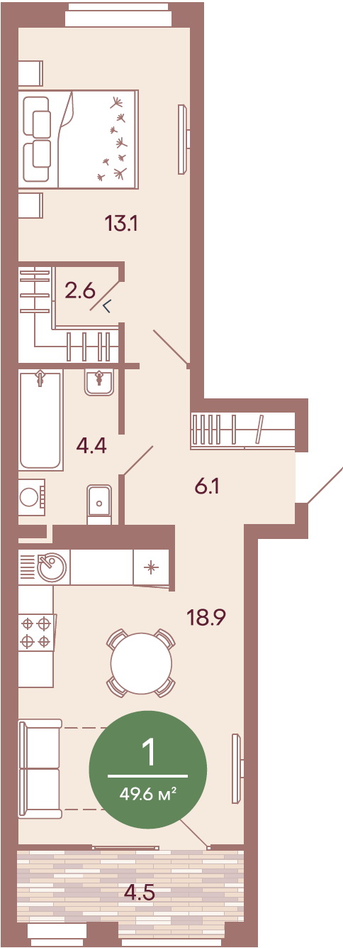 1-комнатная 49.6 м2 в ЖК ЖК NorWood корпус null этаж 2